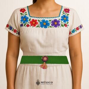 Green Artisan Mexican Waist Belt – Floral Heart Embellishment in Multicolor Felt